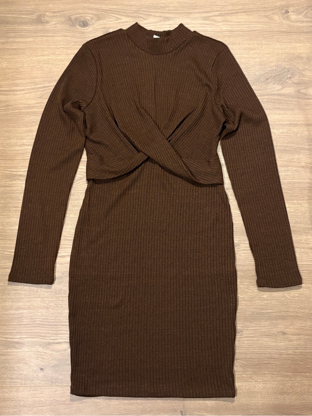 Bozzolo Brown Ribbed Twist-Front Long Sleeve Dress